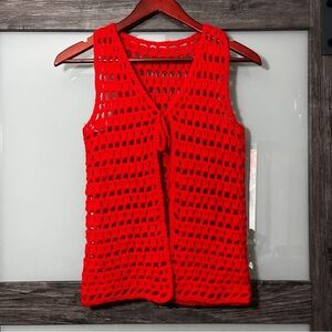 Vintage 1970's Handmade Crochet Red Tie Vest Retro Holiday Festival Hippie